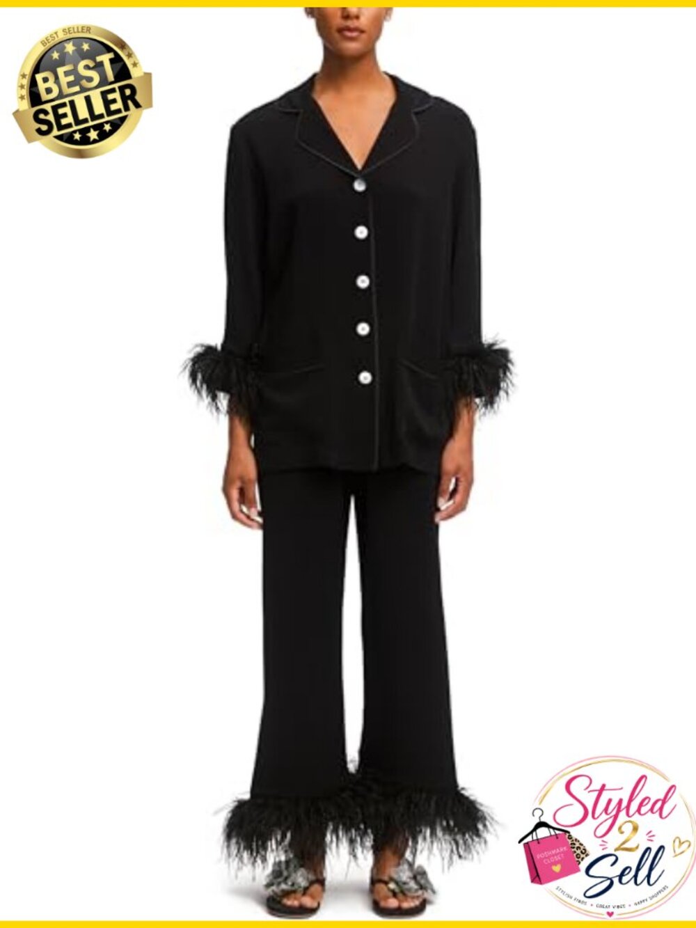 Satin Silk Pajama Set Feather Trim Button Up 2 Piece Sleepwear Lounge Set